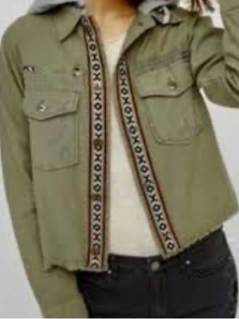Free People Women’s Weekend Wander Olive Green Military Jacket Embroidered Trim